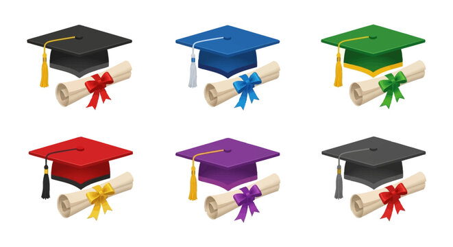 Colorful graduation caps and diploma vector illustrations