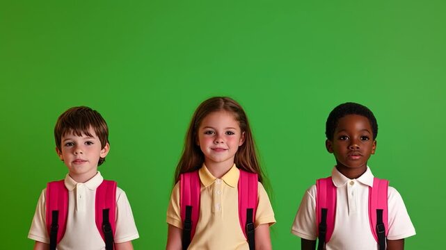 Three children with backpacks standing in a row, smiling and dancing on a flat green background, elementary school concept.