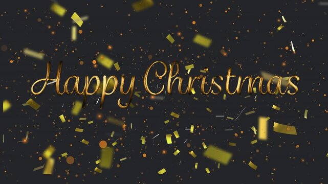 Animation of gold text happy christmas, with gold confetti and orange spots of light, on black