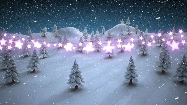 Glowing star shaped fairy lights decoration against snow falling over winter landscape