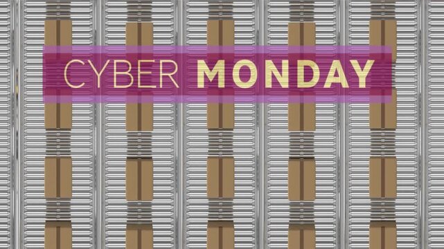 Animation of cyber monday text over cardboard boxes on conveyor belts