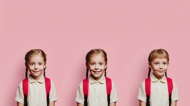Three identical girls standing side by side, isolated on a plain background