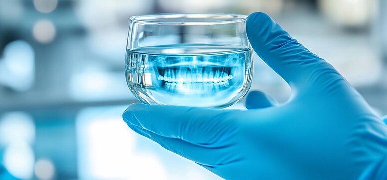 Hand in glove holding x-ray in glass in laboratory. Dental concept