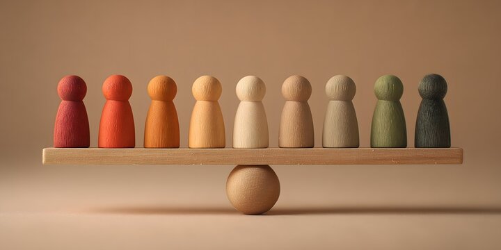 Balanced wooden scale with diverse colored human figures, equality and diversity concept, social balance and inclusion representation, fairness and equal opportunity idea on minimal background