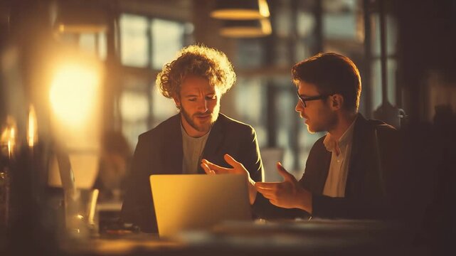 Two men in blazers sit at a desk in a warmly lit cafe, leaning toward a glowing laptop as they discuss, framed by moody urban ambience