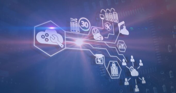 Animation of business icons over processor