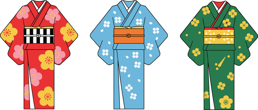 Cartoon Japanese kimono illustration with floral patterns, colorful obi sashes, and traditional attire in vector design