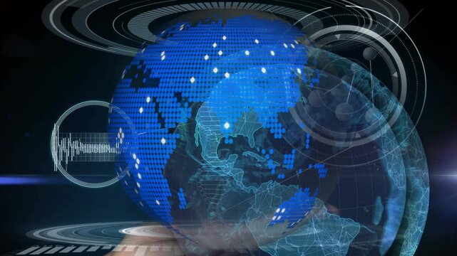 Animation of molecules, scientific data and globe on black background