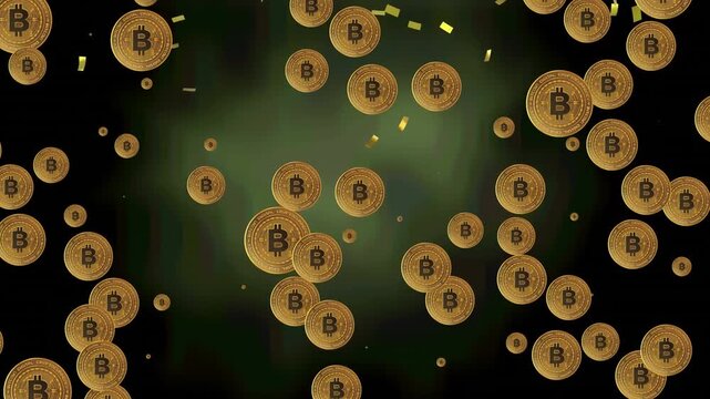 Animation of bitcoins over confetti on green and black background