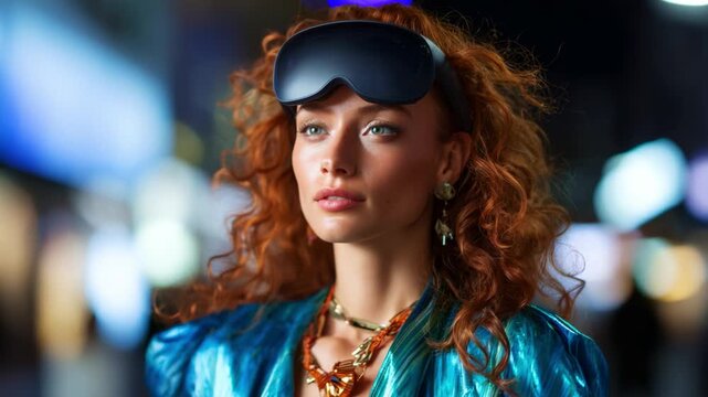 A Stunning Modern Fashion Portrait of a Woman with Vibrant Red Curly Hair and Stylish Accessories in a Lively Night Atmosphere Featuring a Trendy Eye Mask