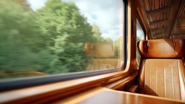 Inside a vintage train carriage with warm wood panels and tan leather seats; a large window shows blurred green trees rushing by, while a soft interior glow creates a cozy travel atmosphere