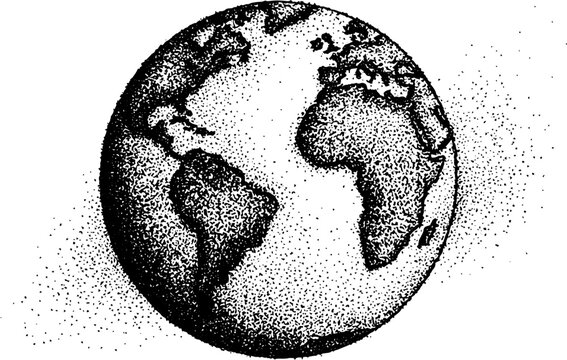 Black and white stippled earth globe with continents and vintage effect for posters