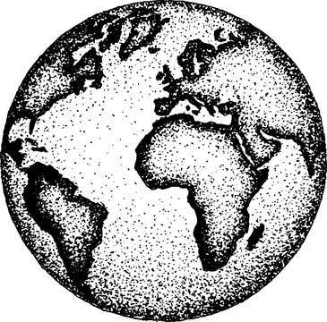 Stippled black and white earth globe with continents for vintage design projects