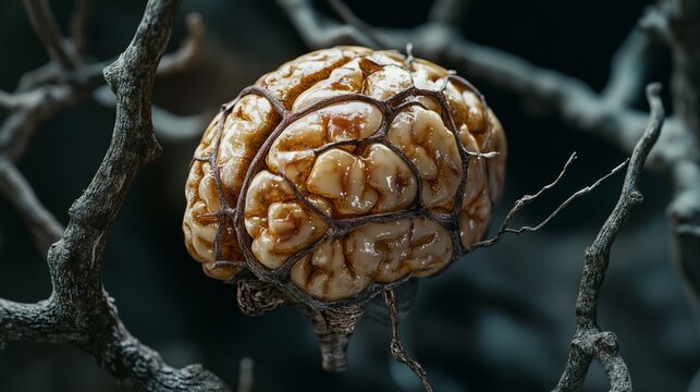 Hanging brain, entangled in branches, dark forest background.  Possible use medical, science, educational