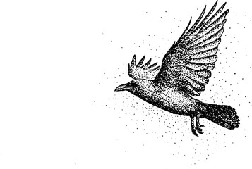 Fototapeta premium Artistic black and white raven illustration in stippling dotwork style