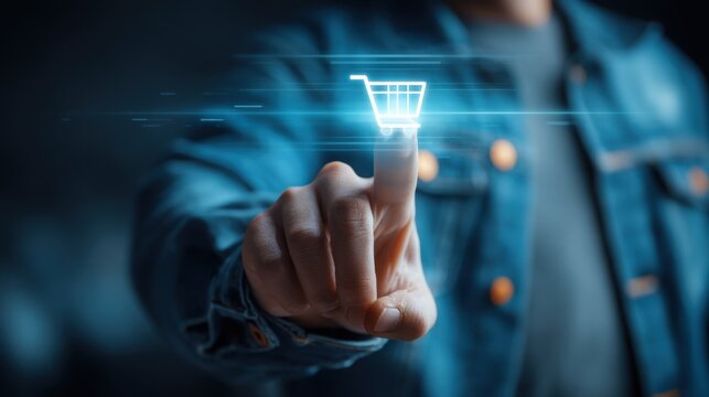 A person's finger touches a glowing digital shopping cart icon, symbolizing online shopping, e-commerce, and futuristic retail technology.
