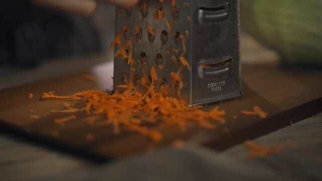 A cook's skilled hands produce fine shavings of carrot using a metal grater in the kitchen, transforming the vegetable's texture through a meticulous process of preparation for a sauerkraut dish