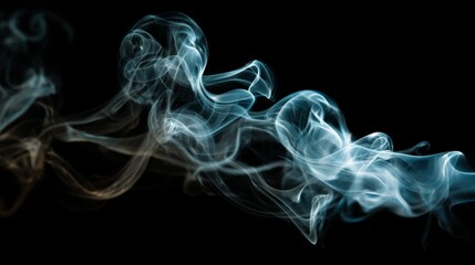 Obraz premium Ethereal wisps of light blue and gold-tinged smoke gracefully swirl against a stark black background