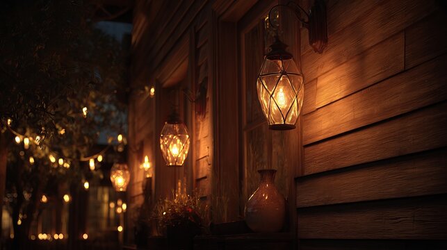 A warmly lit wooden house exterior at night with hanging lanterns and string lights