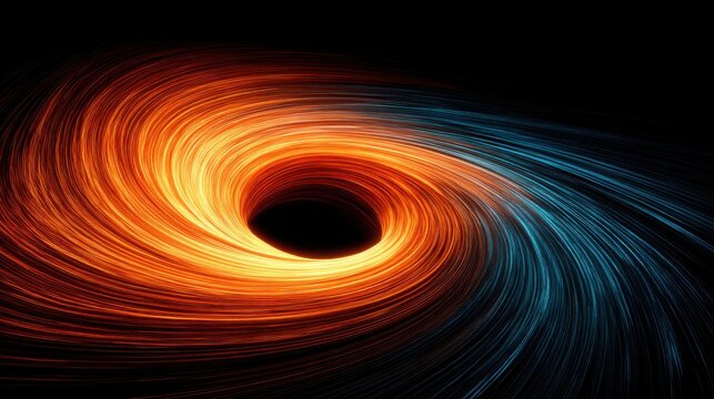 A swirling vortex of fiery orange and cool blue light trails. This abstract, dynamic image evokes a black hole or galaxy, spiraling into a dark void with intense energy and motion.