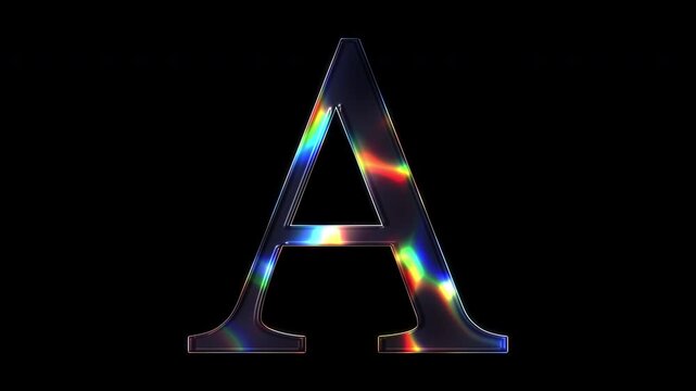 A uppercase letter "A" shimmering with various colored lights on a glass-like surface with an alpha channel. Serif font. Seamless loop video.