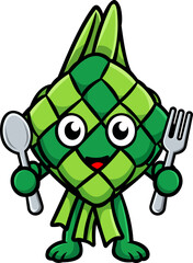 Obraz premium green Ramadan ketupat cartoon vector holding a spoon and fork
