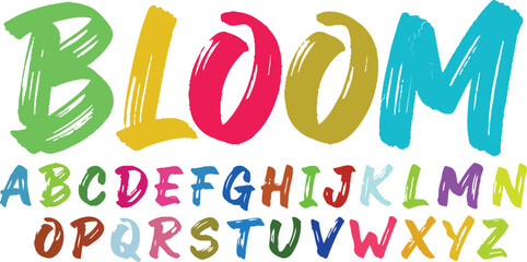 Handwritten brush font alphabet with Bloom text, colorful painted letters vector set, artistic calligraphy typeface for creative design © Muhammad