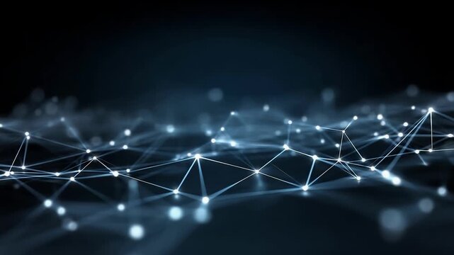 Abstract network of glowing nodes and intersecting lines sprawls over a dark blue background, forming a luminous web of connections and data points