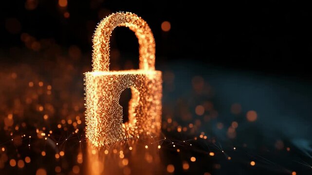 An illuminated padlock built from golden lights sits on a dark surface; warm orange bokeh glows around it, with a network of glowing lines and dots evoking data security and connectivity