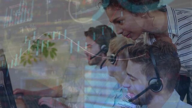 Animation of caucasian customer service operators discussing at computer, bar graph in foreground
