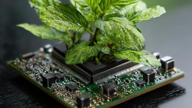 A small green plant sprouts from a square chip on a circuit board, blending nature with technology; tangled traces cradle the growing leaf in a futuristic, organic-tech vignette.