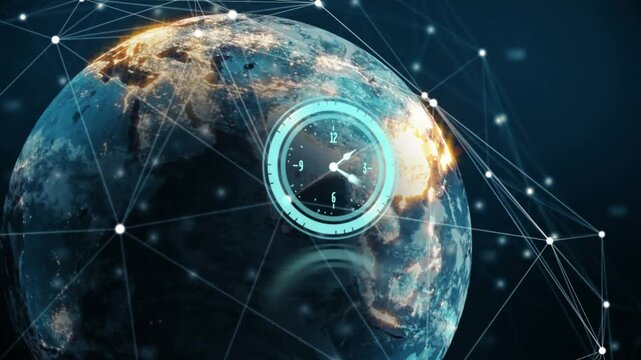 Animation of ticking clock and network of connections over spinning globe against blue background