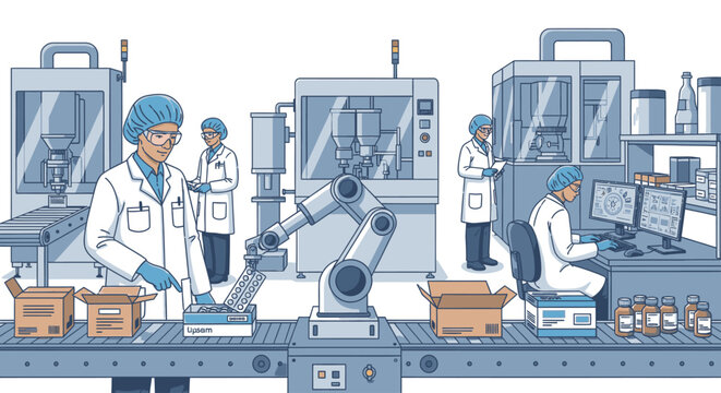 Illustration of laboratory workers in white coats and blue hairnets working on a production line with robotic arms and computer equipment in a factory setting with industrial machinery.