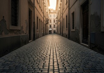 Naklejka premium Narrow European cobblestone street at sunset