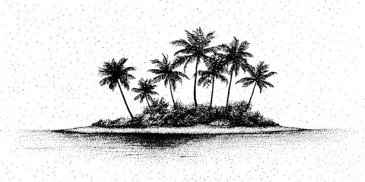 Tropical island paradise with palm trees in black and white stippling art for posters and prints