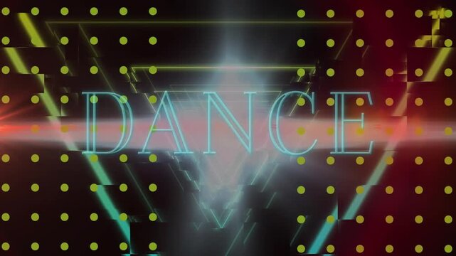 Animation of neon dance text banner over yellow dots and triangular neon tunnel in seamless pattern