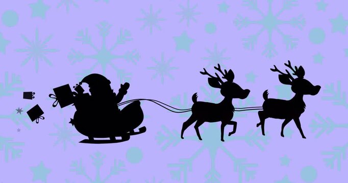 Animation of santa claus in sleigh with reindeer over snowflakes on blue background at christmas