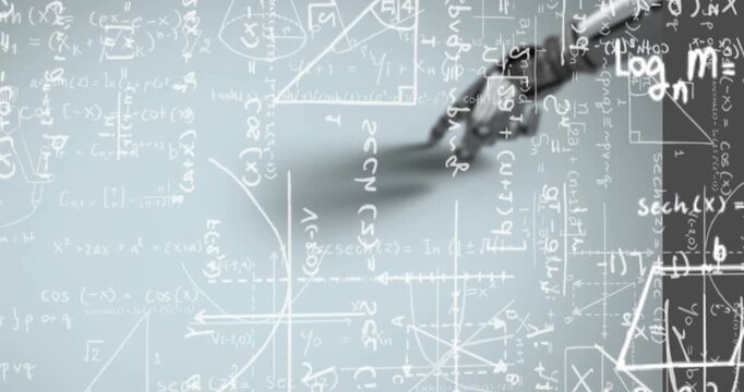 Animation of mathematical equations over robotic hand on white background