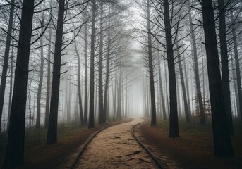 Fototapeta premium Foggy forest path with tall trees disappearing into mist