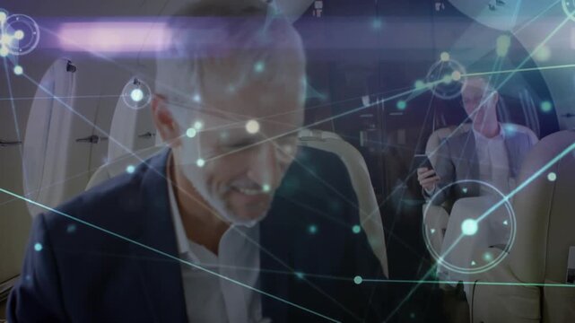 Animation of network of connections over caucasian business people at airport