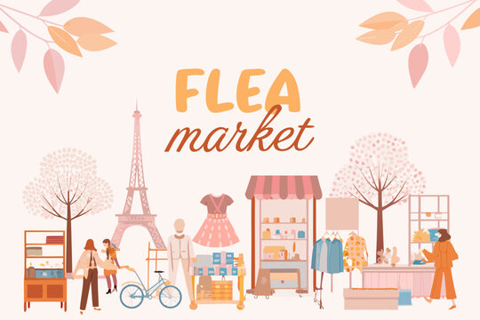 A colorful illustration depicts a vibrant flea market scene in paris