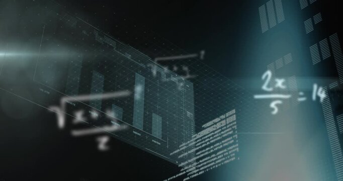 Animation of mathematical equations, lens flares, computer language, graph over abstract background