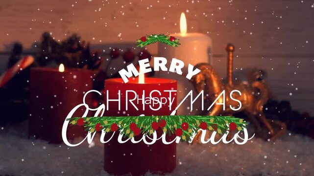 Animation of snow falling over christmas greetings text and decoration