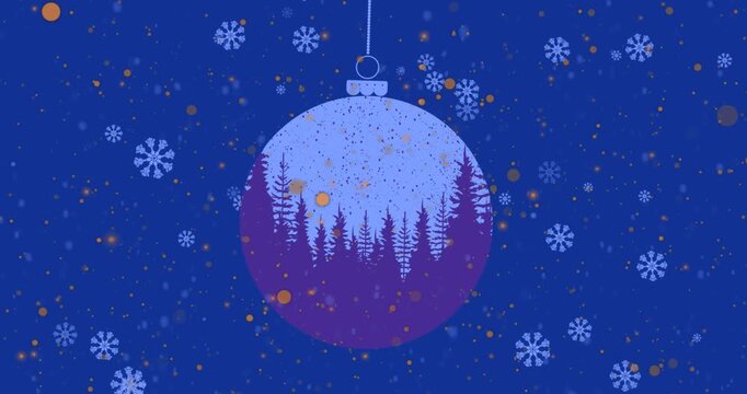Animation of orange spots and snowflakes falling over hanging bauble with winter landscape print