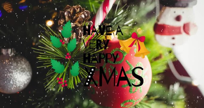 Animation of christmas greetings text over decorations
