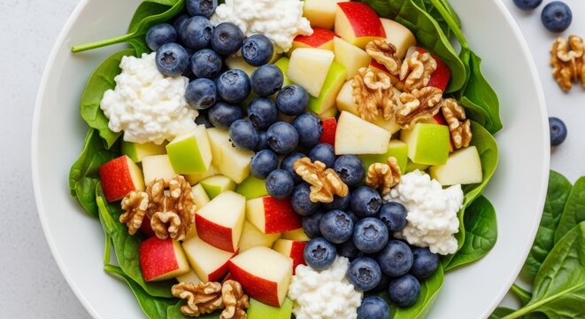 A visually appealing healthy salad combines fresh spinach, diced red and green apples, plump blueberries, crunchy walnuts, and creamy cottage cheese in a white bowl, viewed from above.