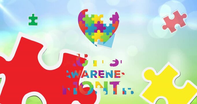 Animation of puzzle pieces forming autism awareness text, promoting support.