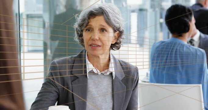 Animation of tunnel in seamless pattern over senior businesswoman talking at a cafe