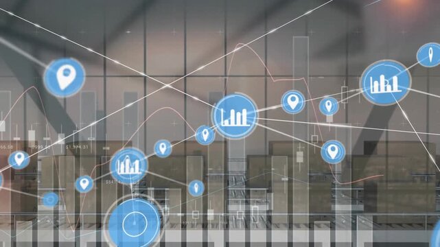 Animation of statistics and network of connections with icons over conveyor belt with boxes