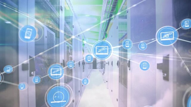 Global networking animation with icons over a Caucasian office network.
